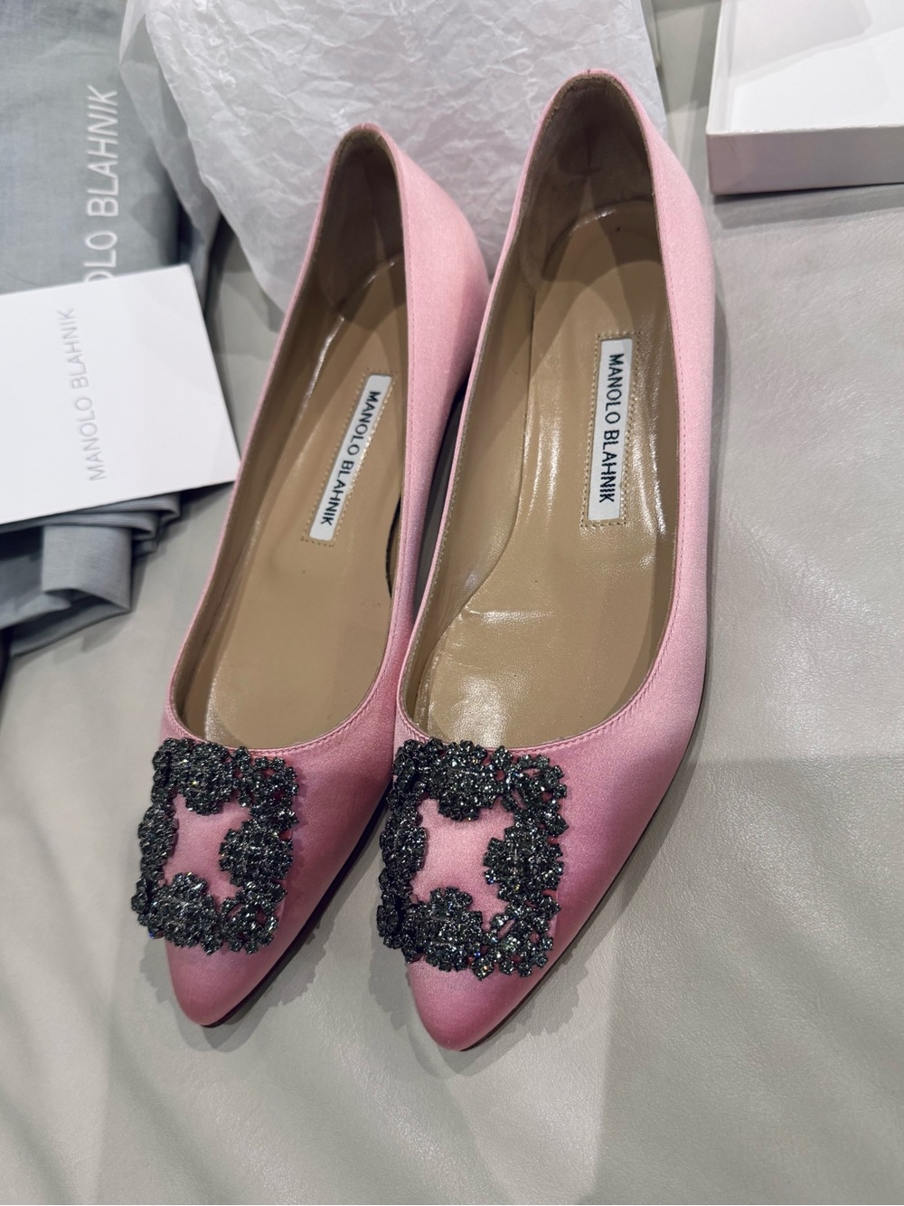 [Authentic] Manolo Blahnik - Hangisi Pink Satin Flats with Crystal Buckles